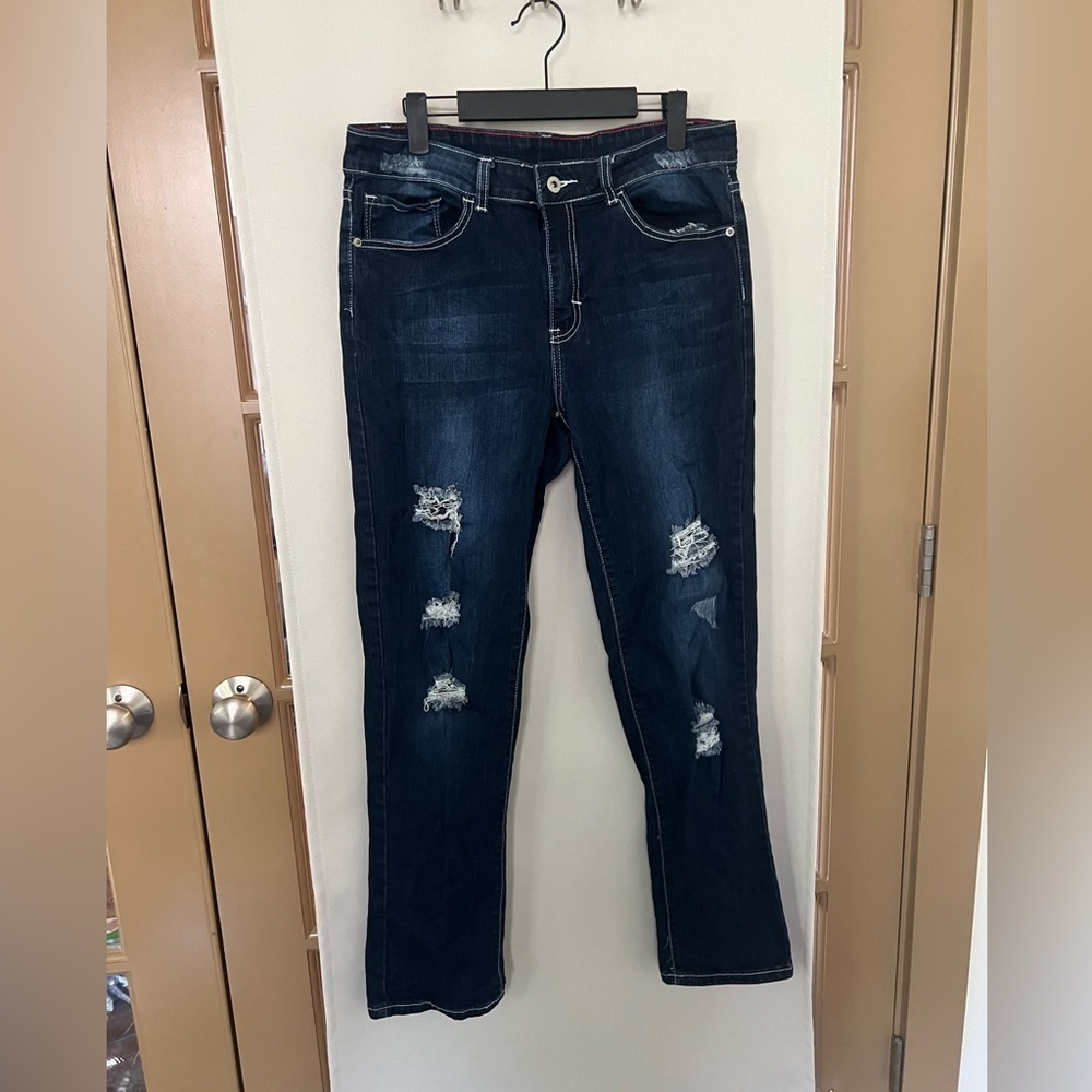 Giddy Up Glanour Womens 14 Blue Dark Wash Distressed Boot Cut‎  Denim Jeans